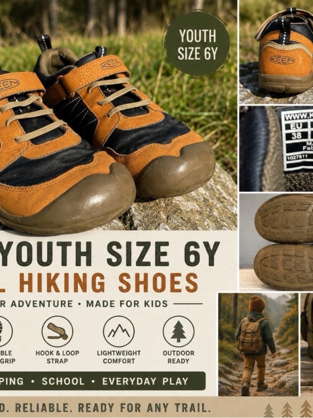 KEEN Shoes Youth 6Y Orange Black Trail Grip Toe Bumper Sneakers Hook Loop Strap